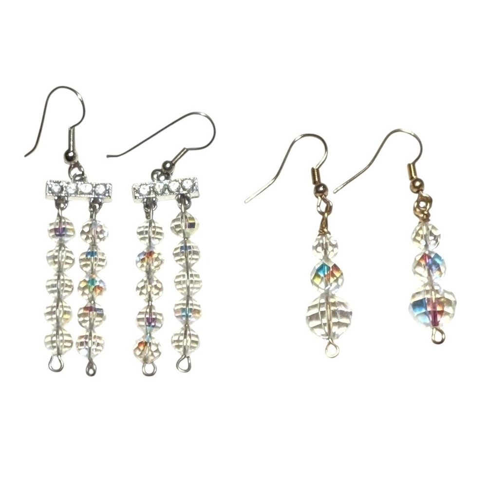 2 Pair Vtg Aurora Borealis Earrings Bar Dangle Drop French Hook Jewelry